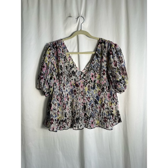 Ganni White Printed Pleated V-Neck Crop Top Sz 38 (medium - Picture 1 of 3